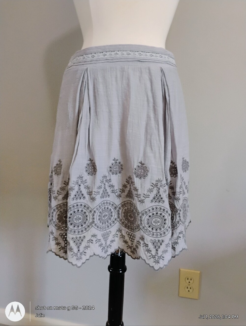 Blue Tassel Boho Embroidered Light Gray Gauze Skirt Lined M
